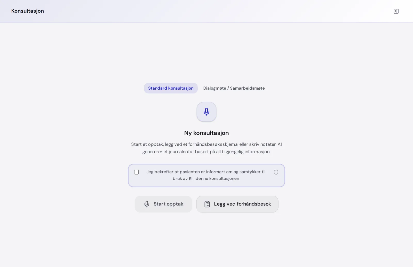 Ny konsultasjon i MedAid, med samtykkeboksen og knappen Start opptak